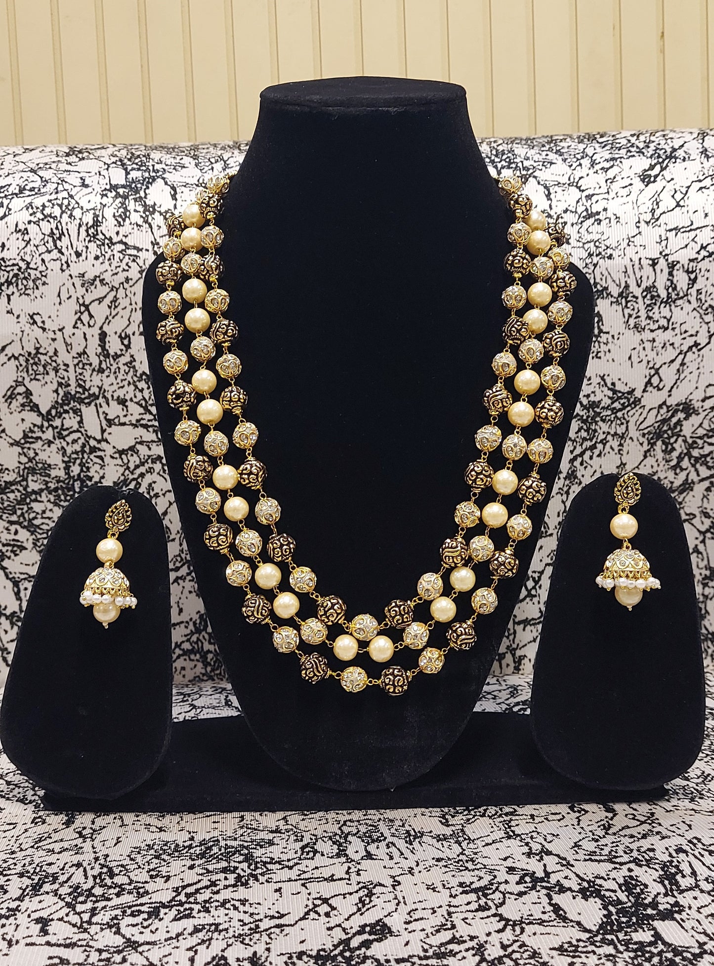 GOLD PLATED BRASS 3 LAYER ANTIQUE JAIPURI MALA NECKLACE SET