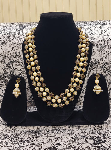 GOLD PLATED BRASS 3 LAYER ANTIQUE JAIPURI MALA NECKLACE SET
