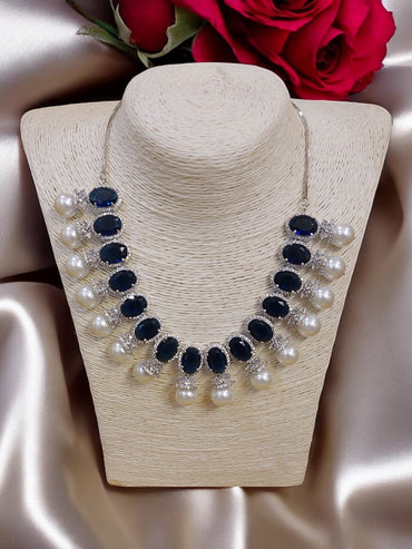 BLUE AMERICAN DIAMOND PEARL STUDDED NECKLACE