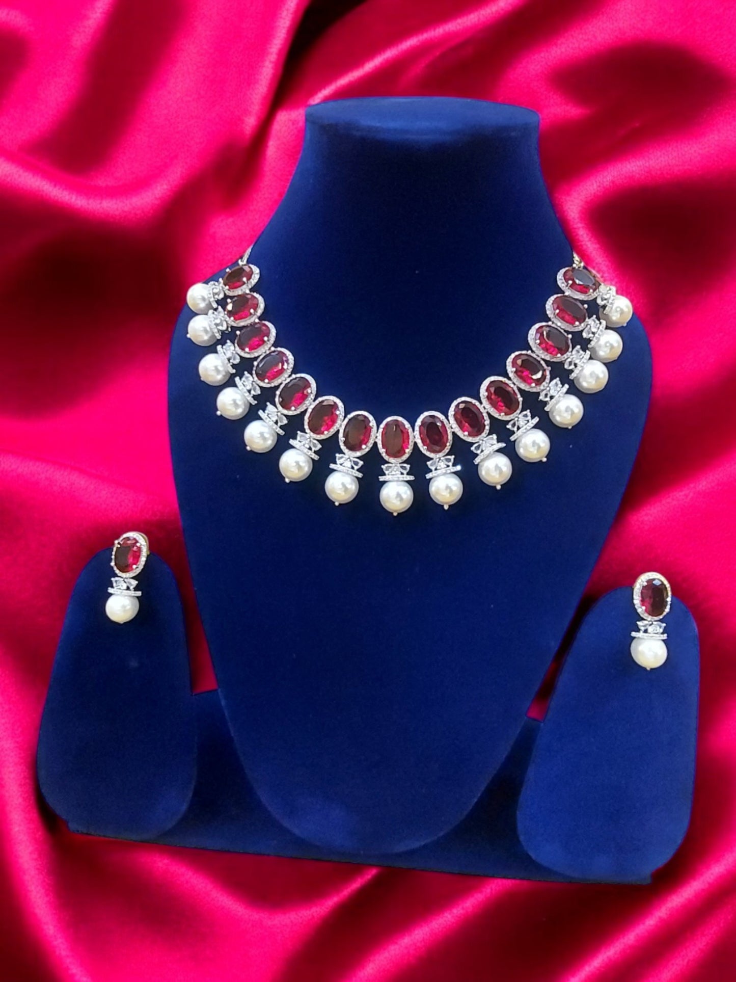 RUBY RED SILVER AMERICAN DIAMOND PEARL STUDDED NECKLACE