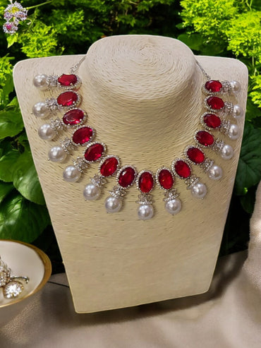 RUBY RED SILVER AMERICAN DIAMOND PEARL STUDDED NECKLACE
