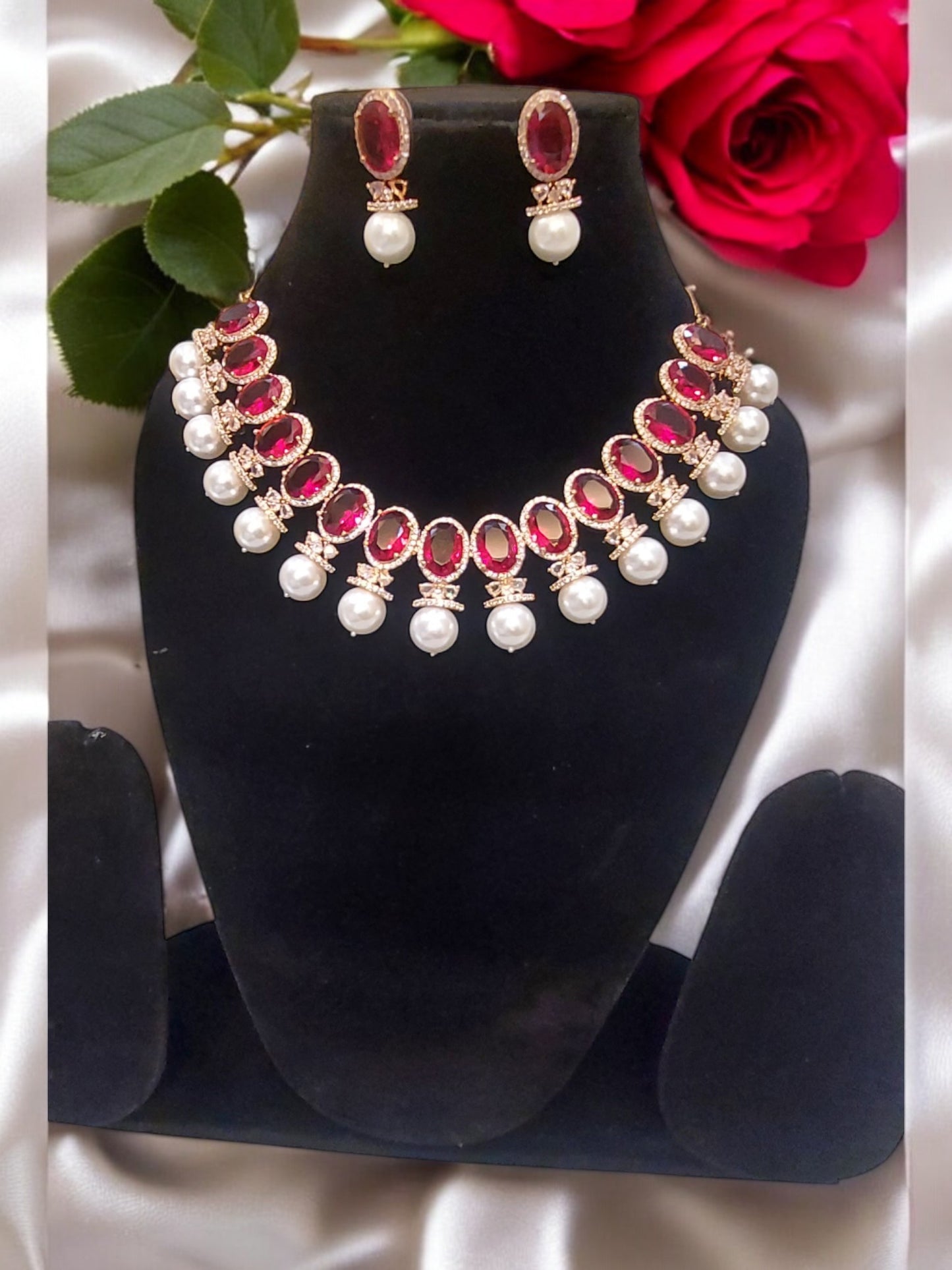 RUBY RED ROSE GOLD AMERICAN DIAMOND PEARL STUDDED NECKLACE
