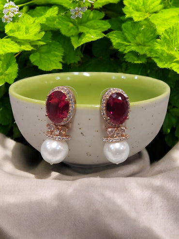 RUBY RED ROSE GOLD AMERICAN DIAMOND PEARL STUDDED NECKLACE