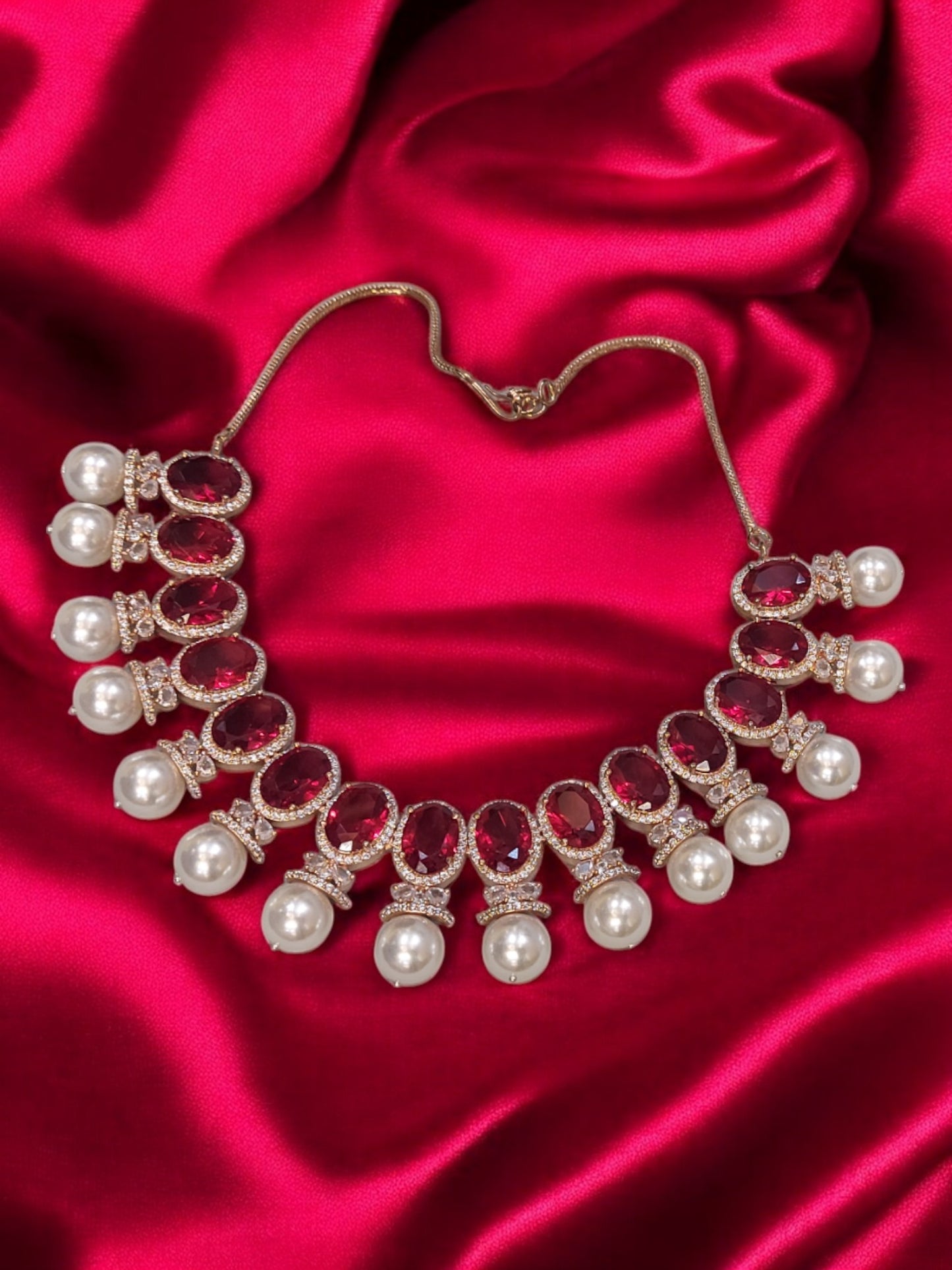 RUBY RED ROSE GOLD AMERICAN DIAMOND PEARL STUDDED NECKLACE