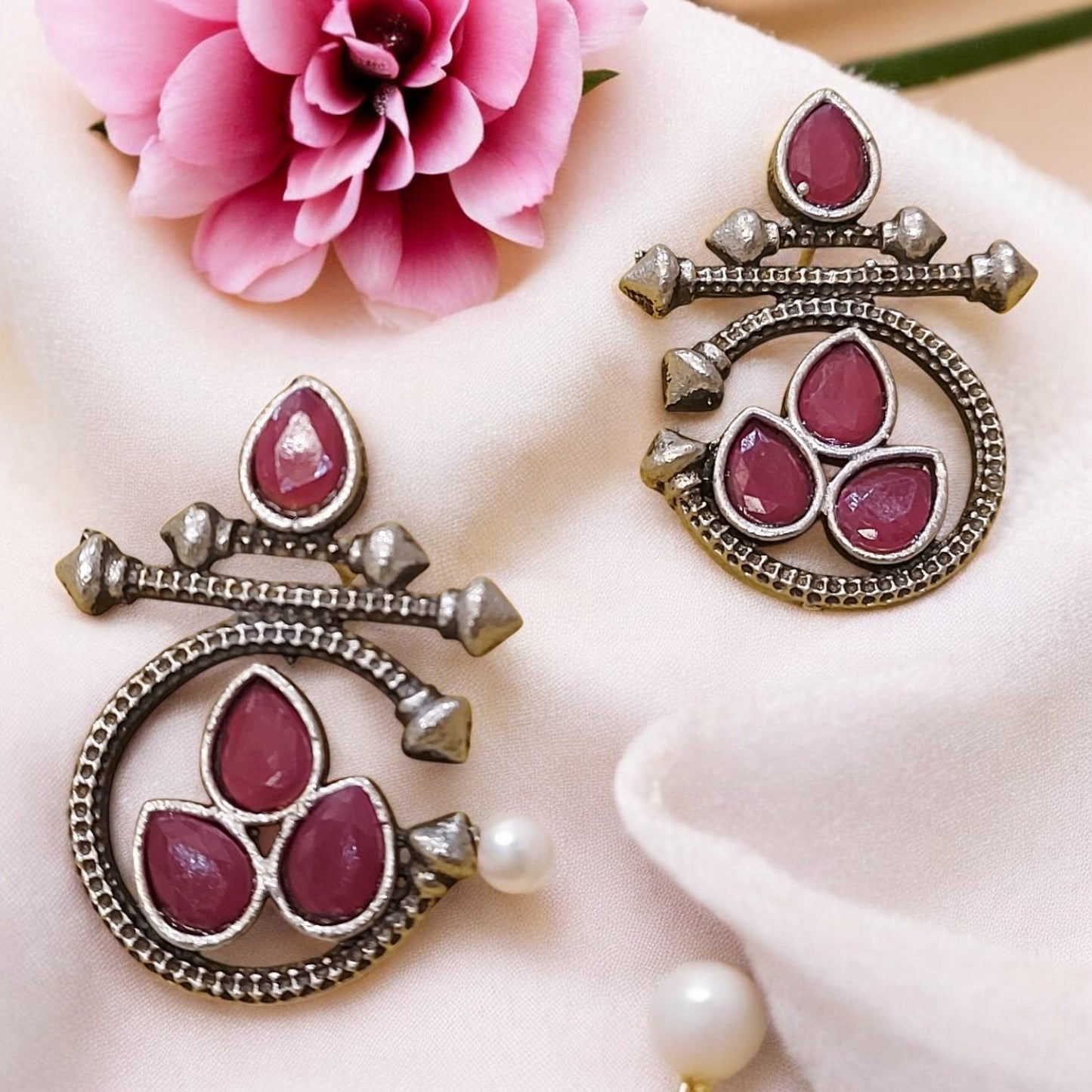 SILVER OXIDIZED FASHION RUBY DROP EARRINGS