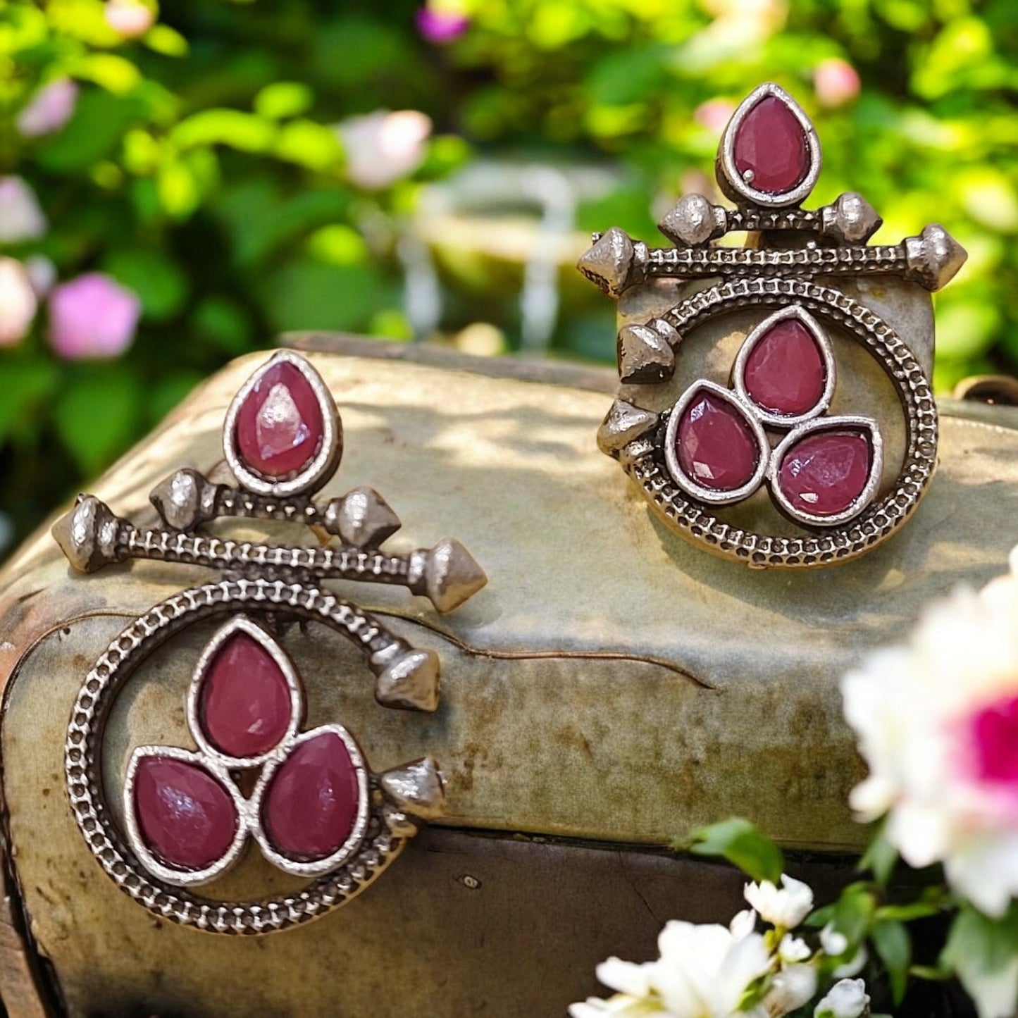 SILVER OXIDIZED FASHION RUBY DROP EARRINGS