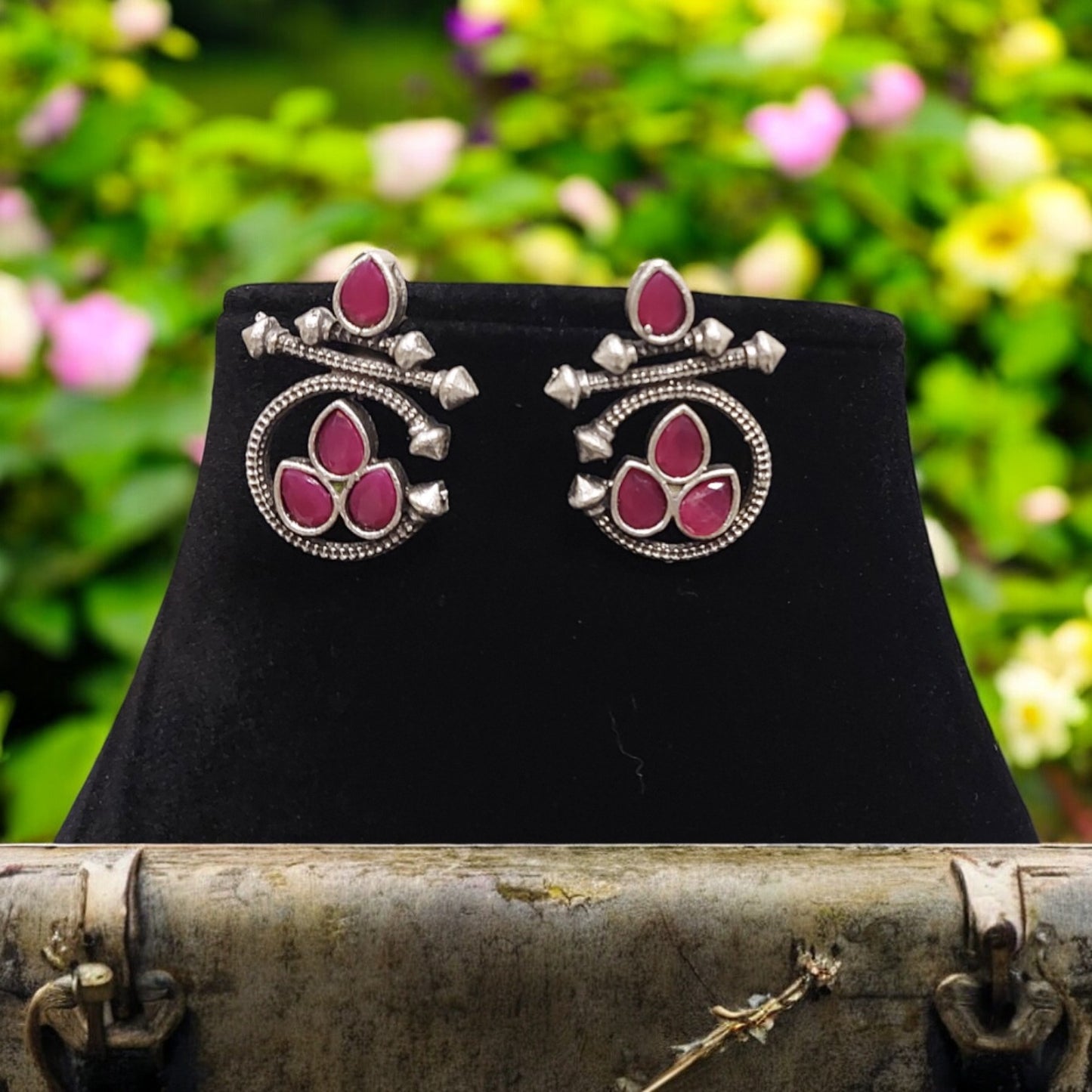 SILVER OXIDIZED FASHION RUBY DROP EARRINGS