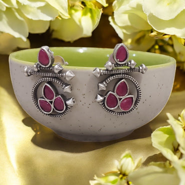 SILVER OXIDIZED FASHION RUBY DROP EARRINGS