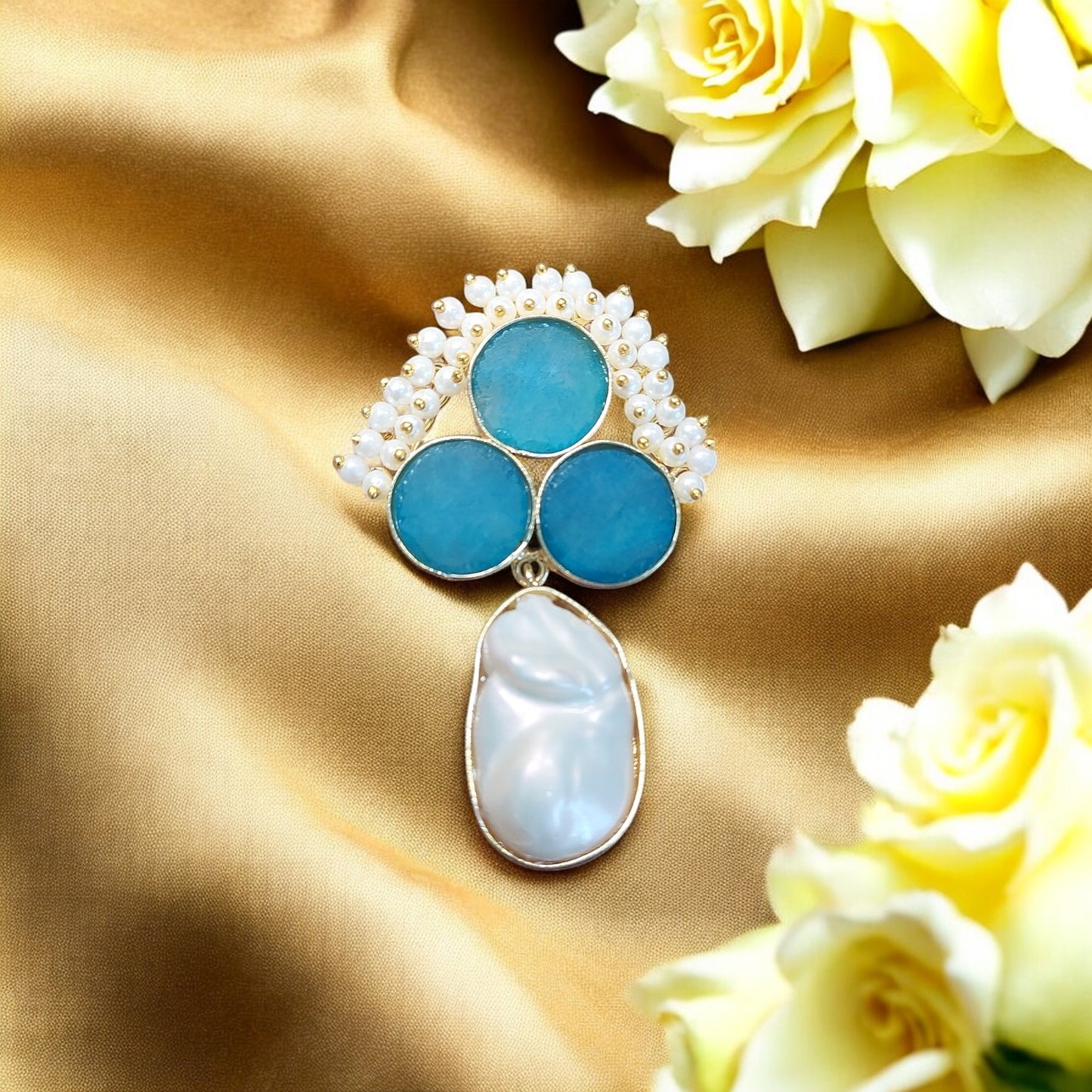 NATURAL UNCUT BLUE DRUZY STONE AND MOTHER OF PEARL EARRING