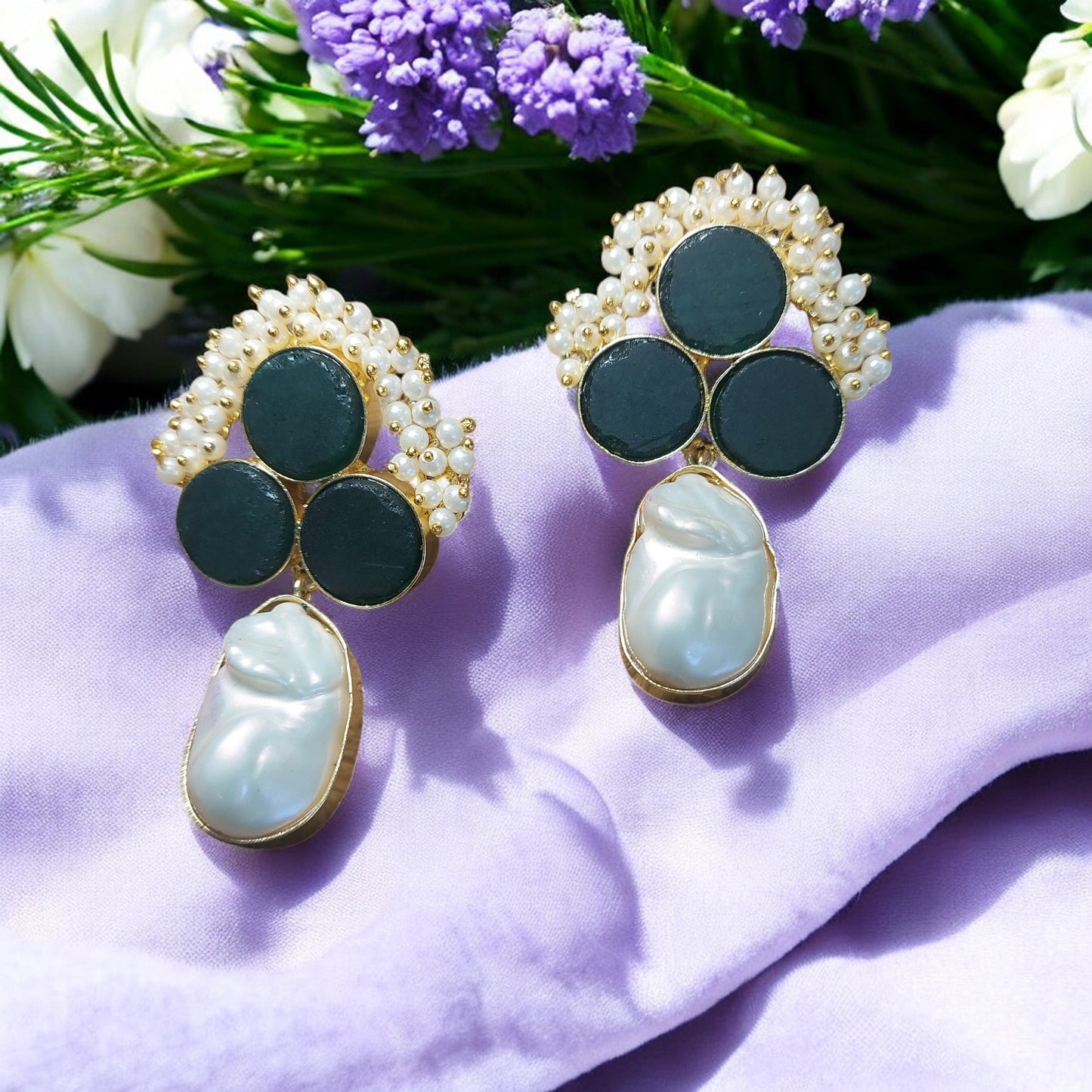 NATURAL UNCUT GREEN DRUZY STONE AND MOTHER OF PEARL EARRING