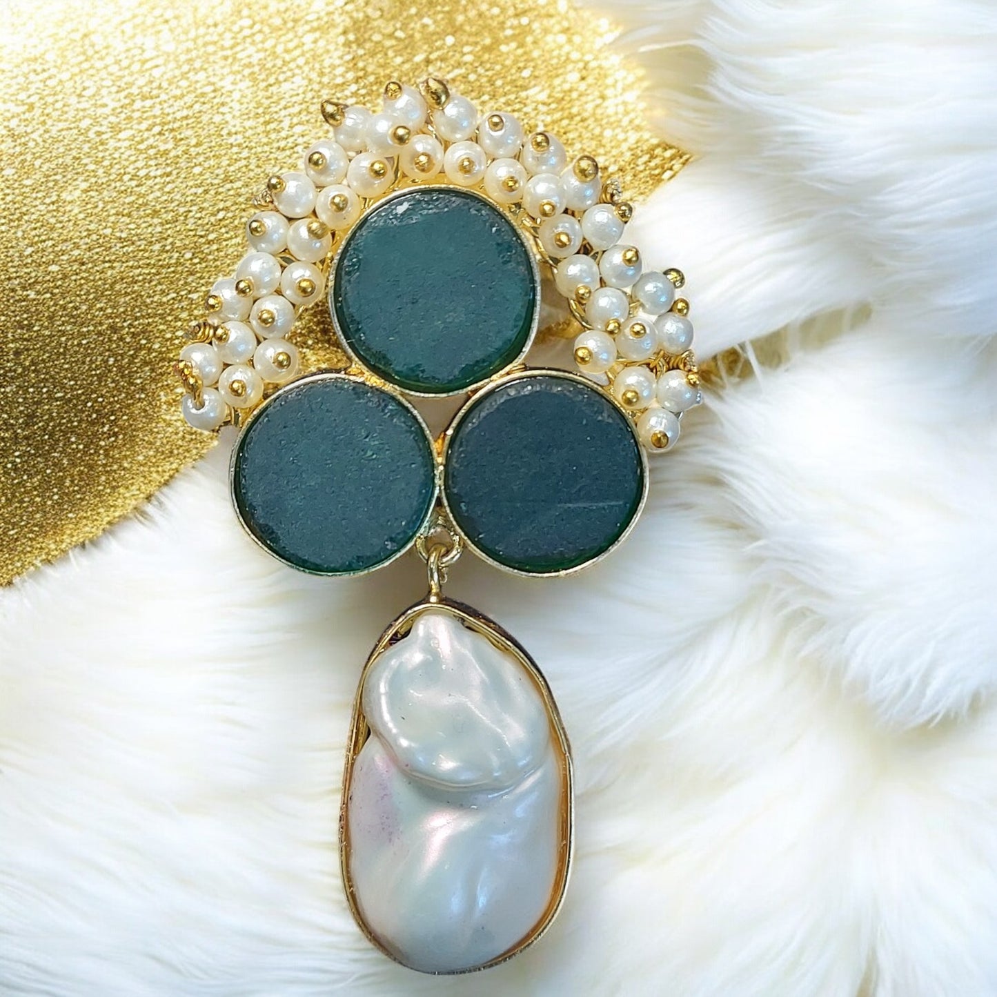 NATURAL UNCUT GREEN DRUZY STONE AND MOTHER OF PEARL EARRING