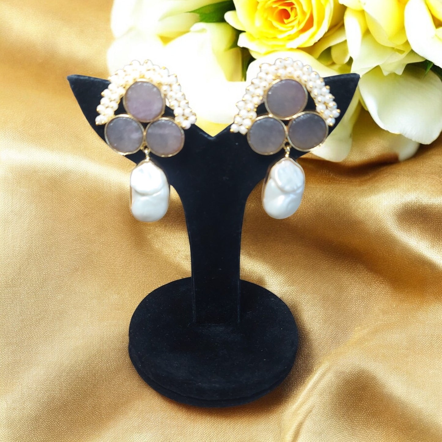 NATURAL UNCUT BROWN DRUZY STONE AND MOTHER OF PEARL EARRING