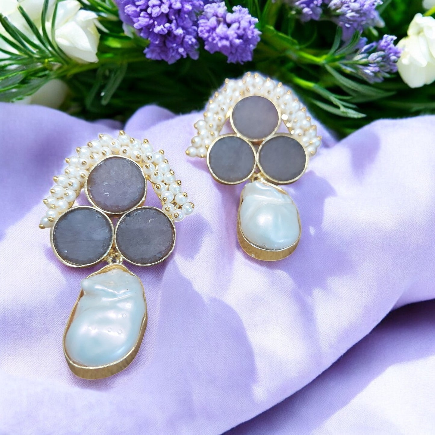 NATURAL UNCUT BROWN DRUZY STONE AND MOTHER OF PEARL EARRING