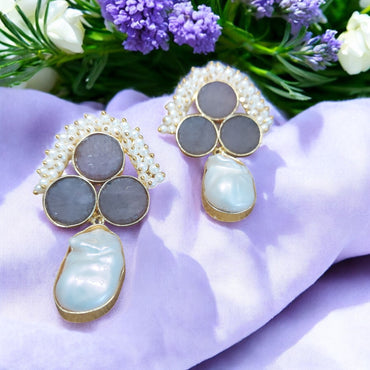 NATURAL UNCUT BROWN DRUZY STONE AND MOTHER OF PEARL EARRING