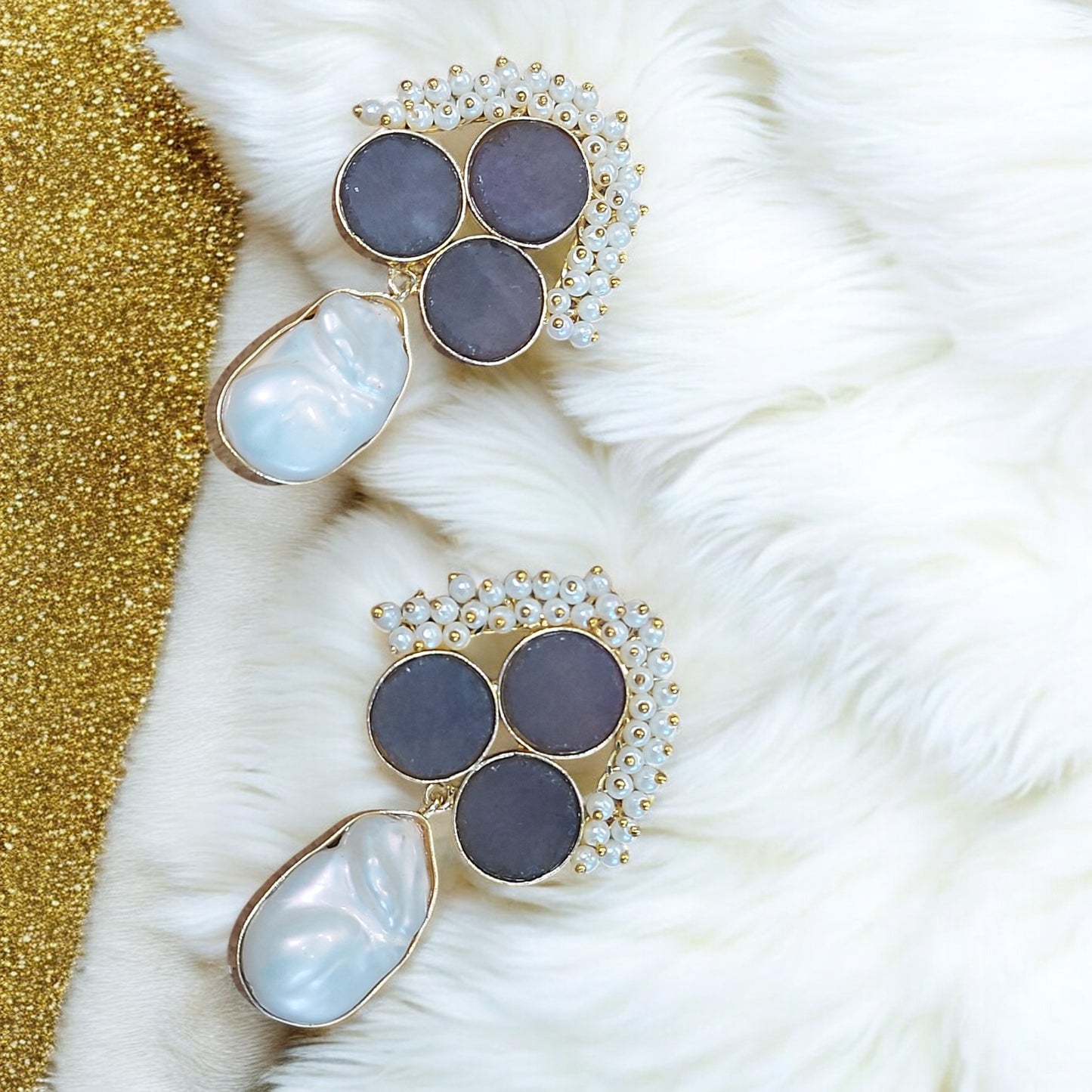 NATURAL UNCUT BROWN DRUZY STONE AND MOTHER OF PEARL EARRING