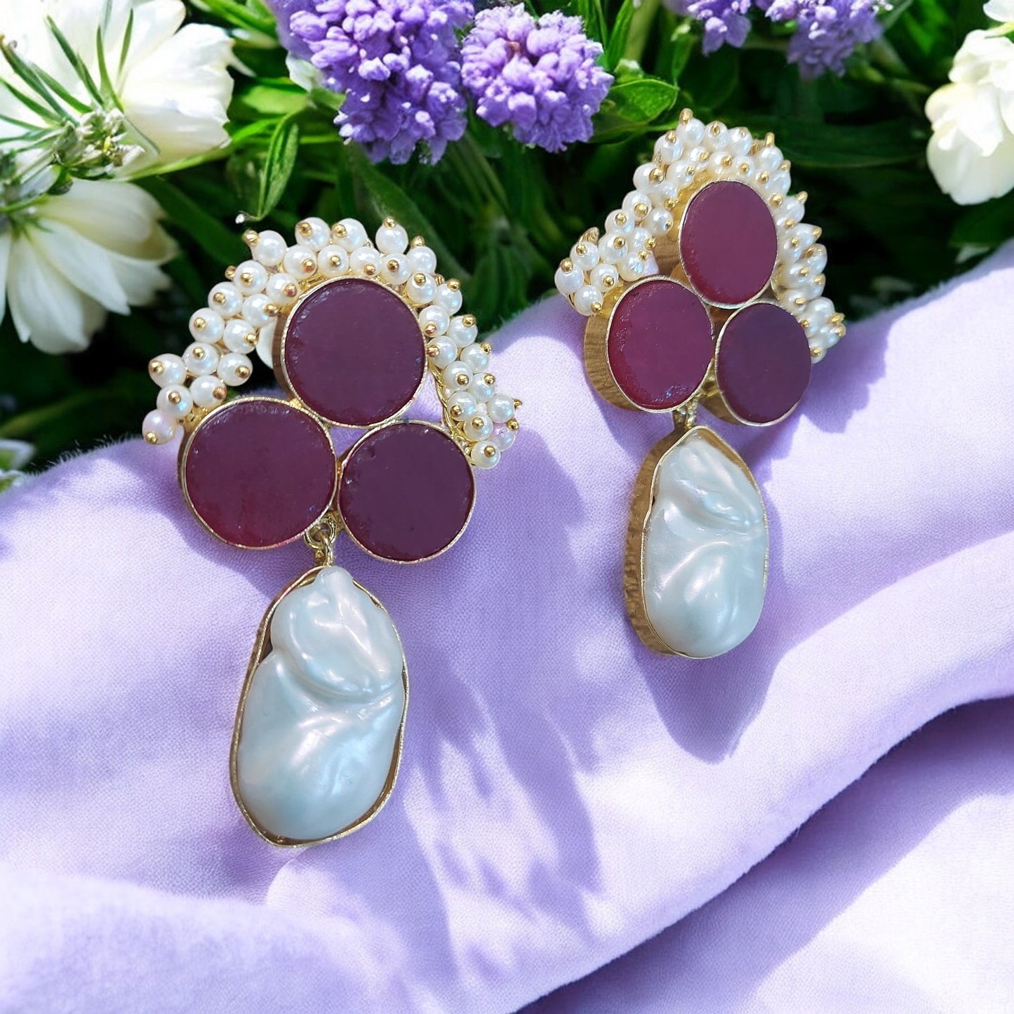 NATURAL UNCUT RED DRUZY STONE AND MOTHER OF PEARL EARRING