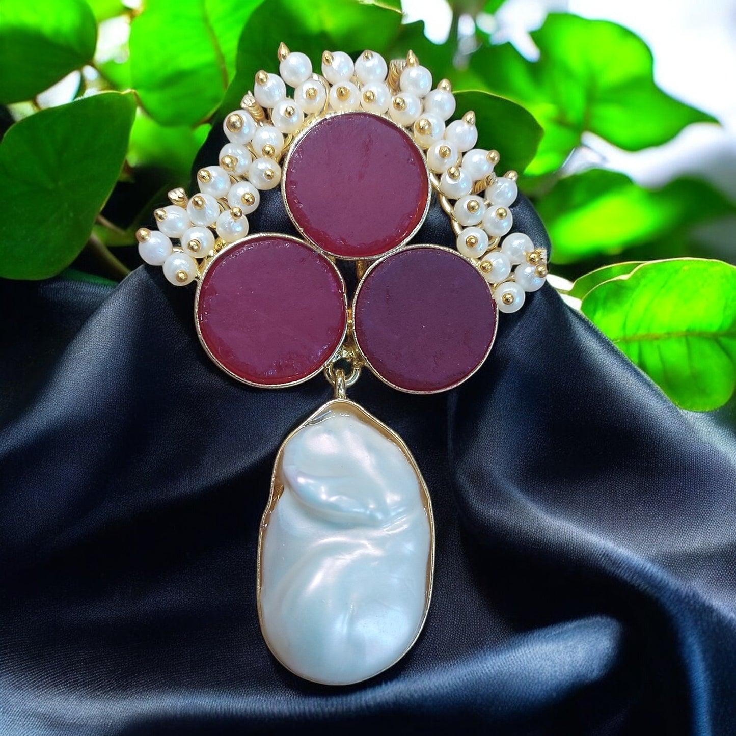 NATURAL UNCUT RED DRUZY STONE AND MOTHER OF PEARL EARRING