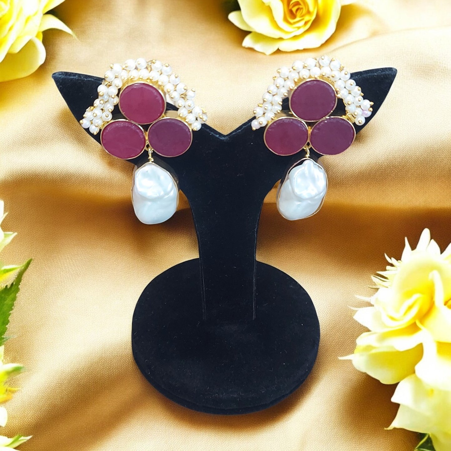 NATURAL UNCUT RED DRUZY STONE AND MOTHER OF PEARL EARRING