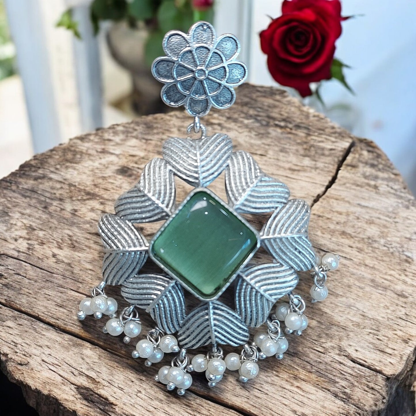 SILVER HEART SHAPED MINT GREEN MONALISA STONE EARRING WITH PEARL GHUNGROO
