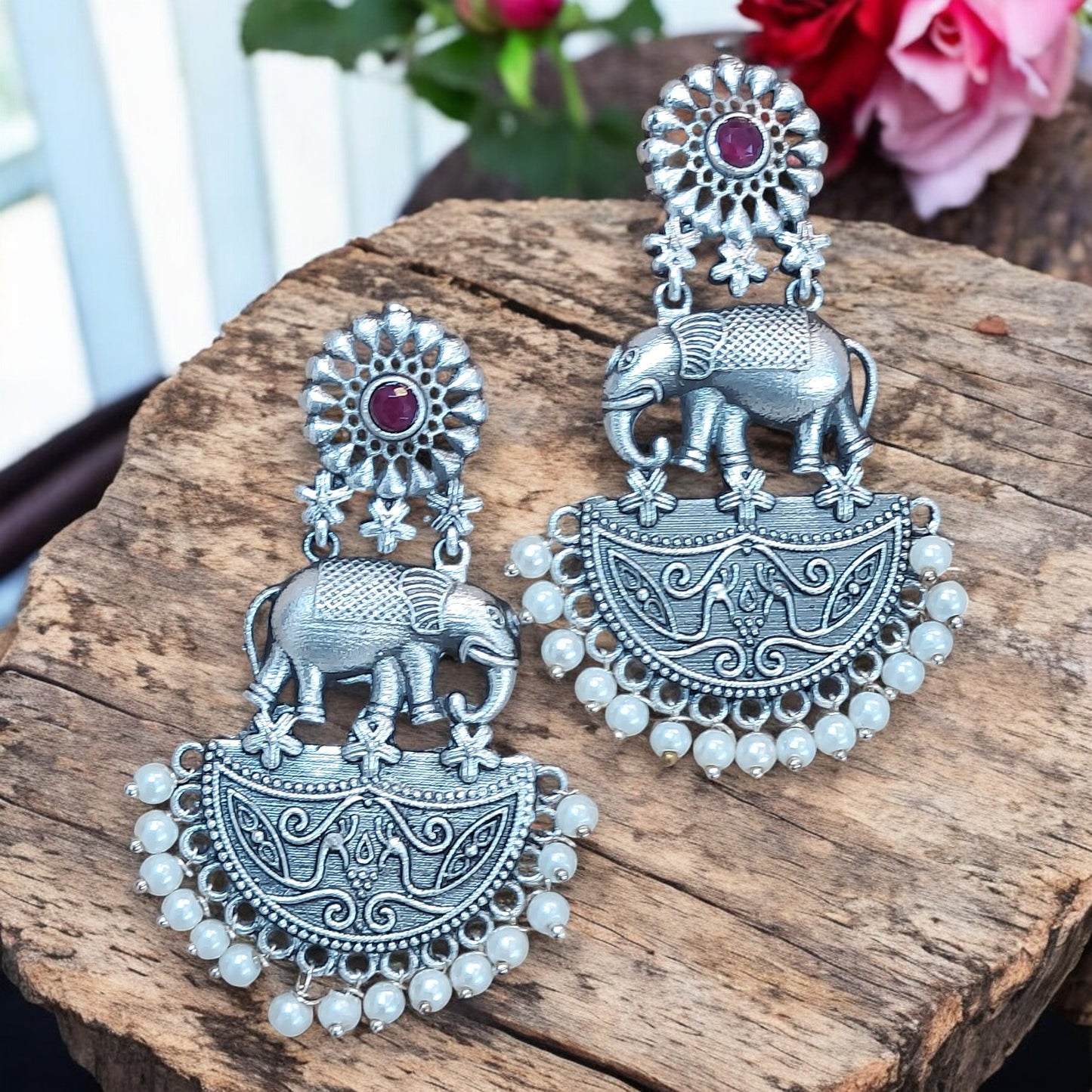ANTIQUE LOOK ELEPHANT EARRINGS WITH PEARL GHUNGROOS