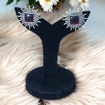 MONALISA STONE SUN RAYS ANTIQUE SILVER EARRINGS-RUBY