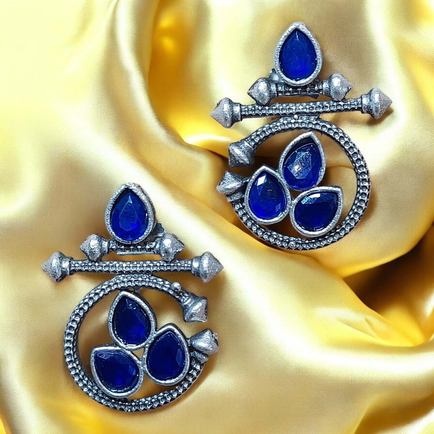 SILVER OXIDIZED FASHION BLUE DROP EARRINGS