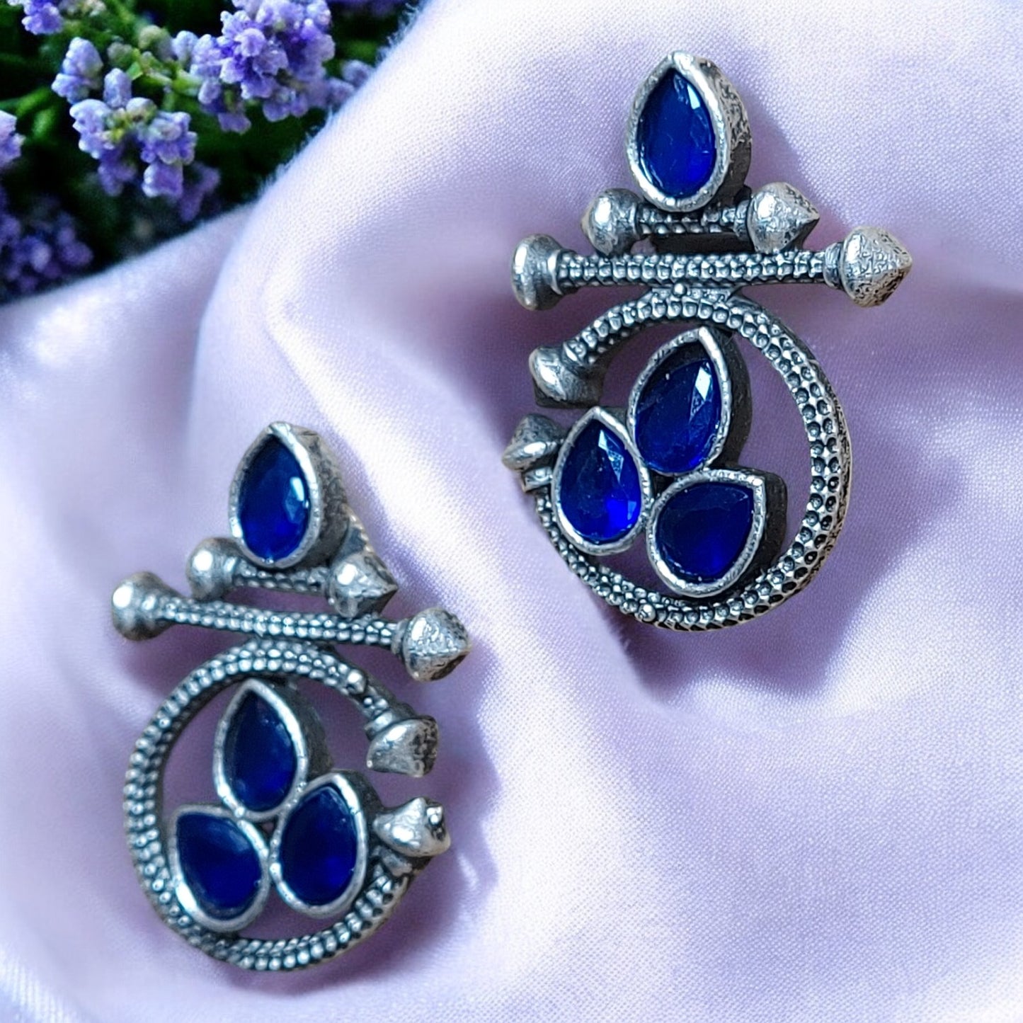 SILVER OXIDIZED FASHION BLUE DROP EARRINGS