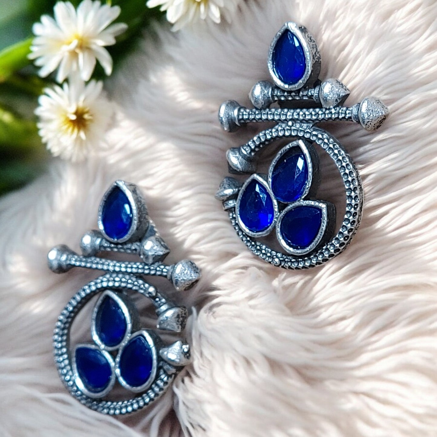 SILVER OXIDIZED FASHION BLUE DROP EARRINGS