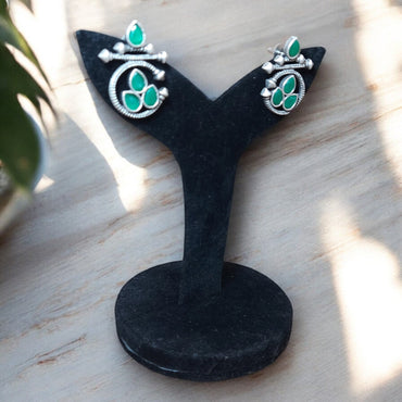 SILVER OXIDIZED FASHION GREEN DROP EARRINGS