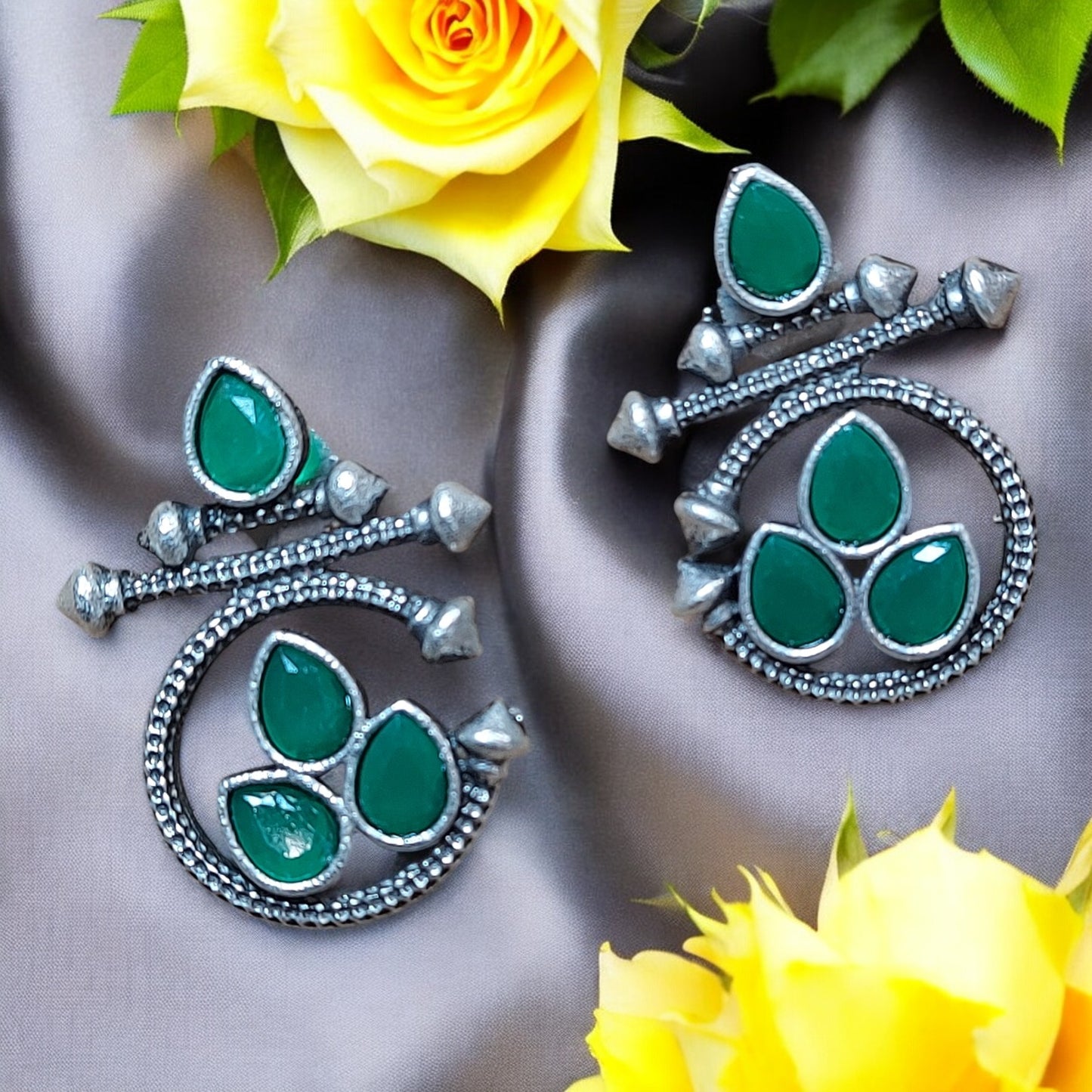 SILVER OXIDIZED FASHION GREEN DROP EARRINGS