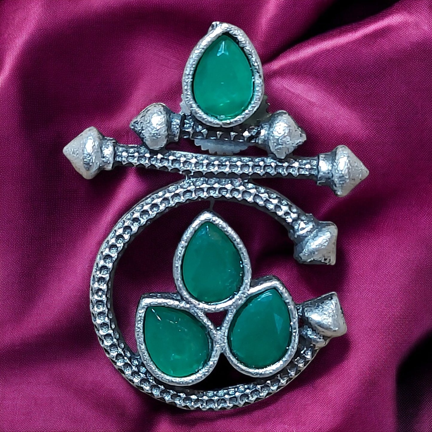 SILVER OXIDIZED FASHION GREEN DROP EARRINGS