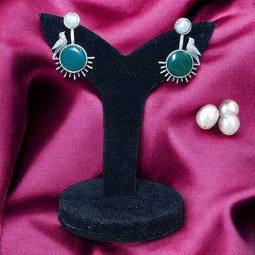 SILVER ROBIN GREEN MONALISA STONE PEARL EARRING