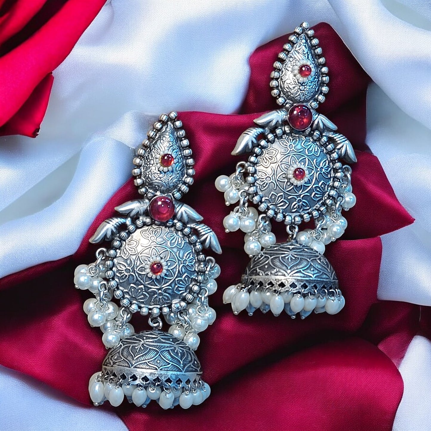 LONG JHUMKA EARRINGS WITH PEARL HANGINGS - RUBY
