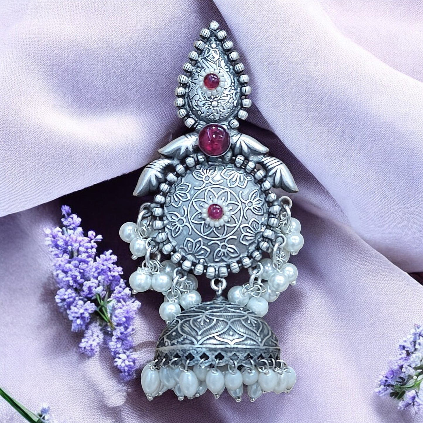 LONG JHUMKA EARRINGS WITH PEARL HANGINGS - RUBY
