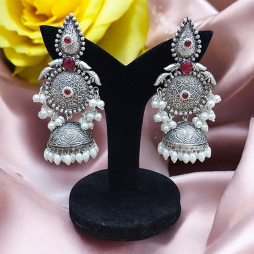 LONG JHUMKA EARRINGS WITH PEARL HANGINGS - RUBY