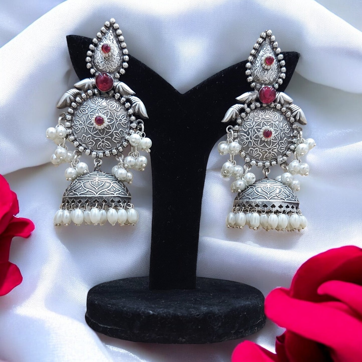 LONG JHUMKA EARRINGS WITH PEARL HANGINGS - RUBY