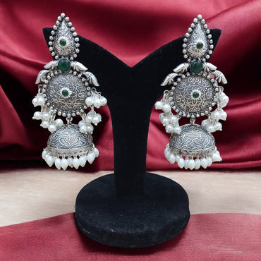 LONG JHUMKA EARRINGS WITH PEARL HANGINGS - GREEN
