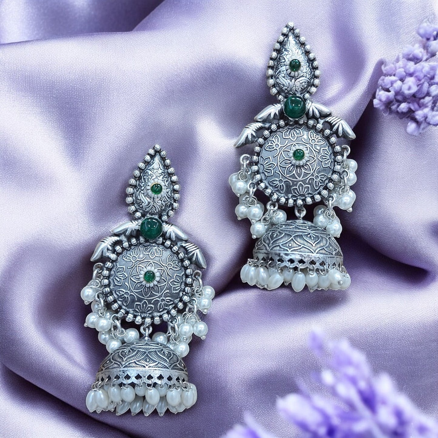 LONG JHUMKA EARRINGS WITH PEARL HANGINGS - GREEN