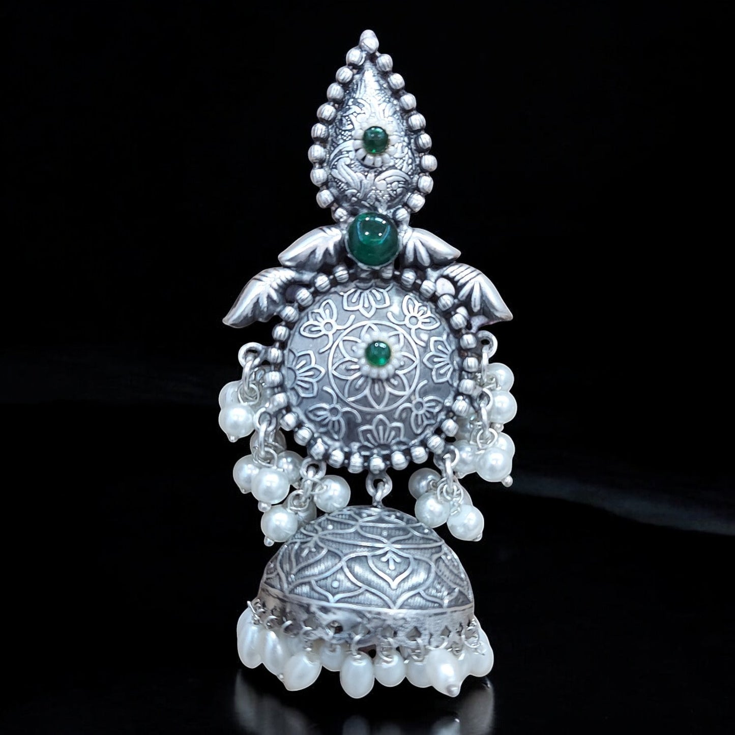LONG JHUMKA EARRINGS WITH PEARL HANGINGS - GREEN