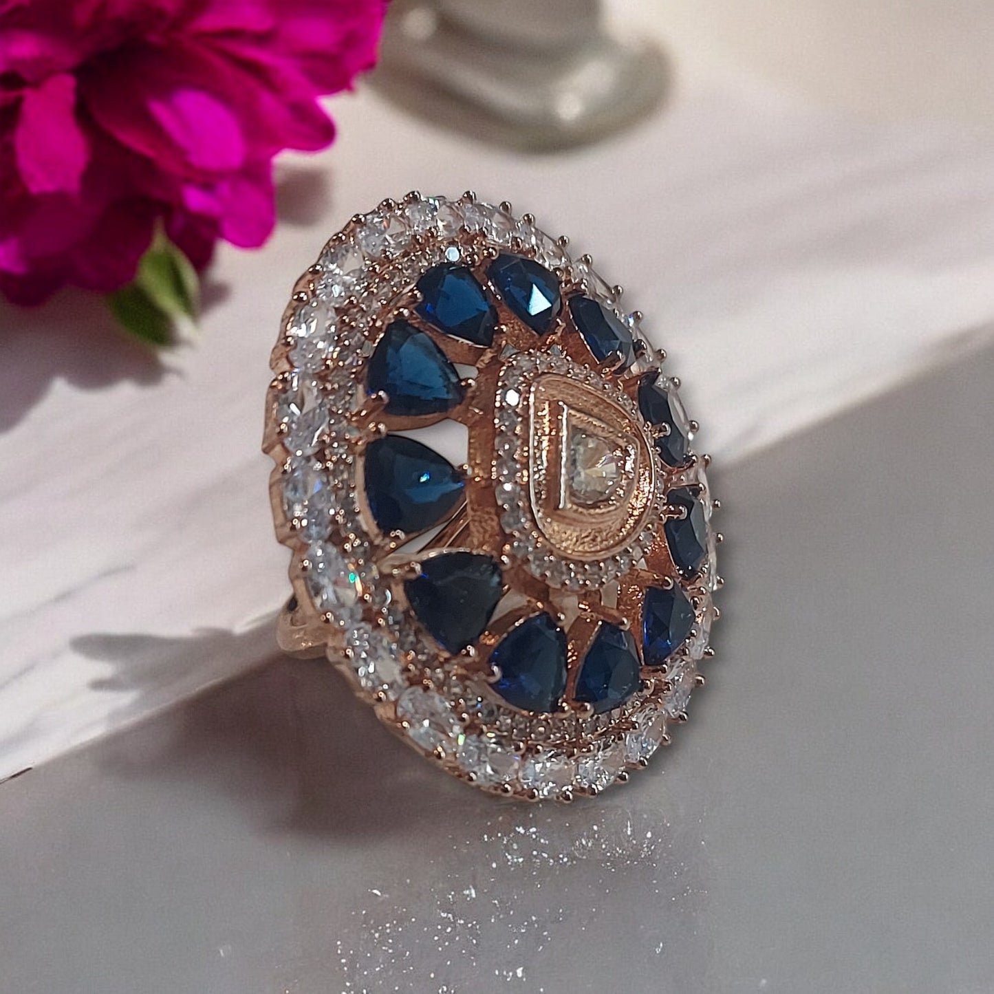 ADJUSTABLE AMERICAN DIAMOND MIDNIGHT ROSE GOLD RING