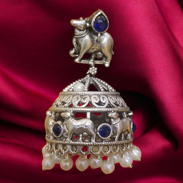 SILVER OXIDIZED BLUE SEMI-PRECIOUS NANDI JHUMKAS
