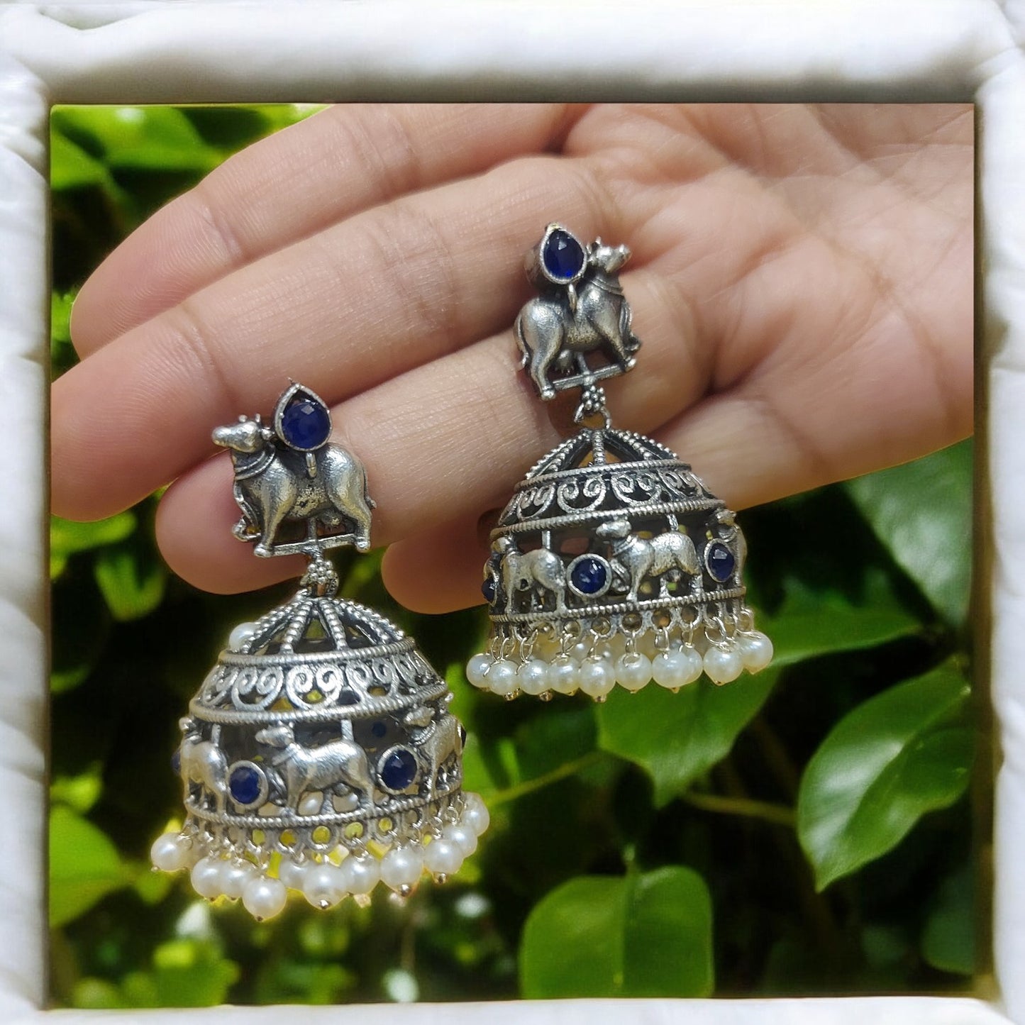 SILVER OXIDIZED BLUE SEMI-PRECIOUS NANDI JHUMKAS