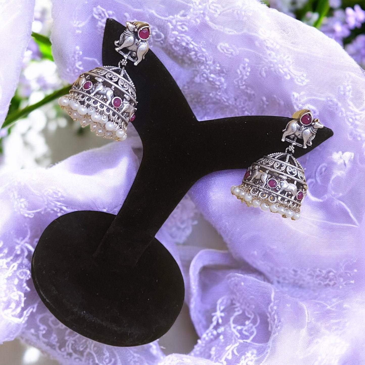 SILVER OXIDIZED RUBY SEMI-PRECIOUS NANDI JHUMKAS