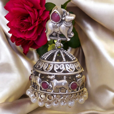 SILVER OXIDIZED RUBY SEMI-PRECIOUS NANDI JHUMKAS