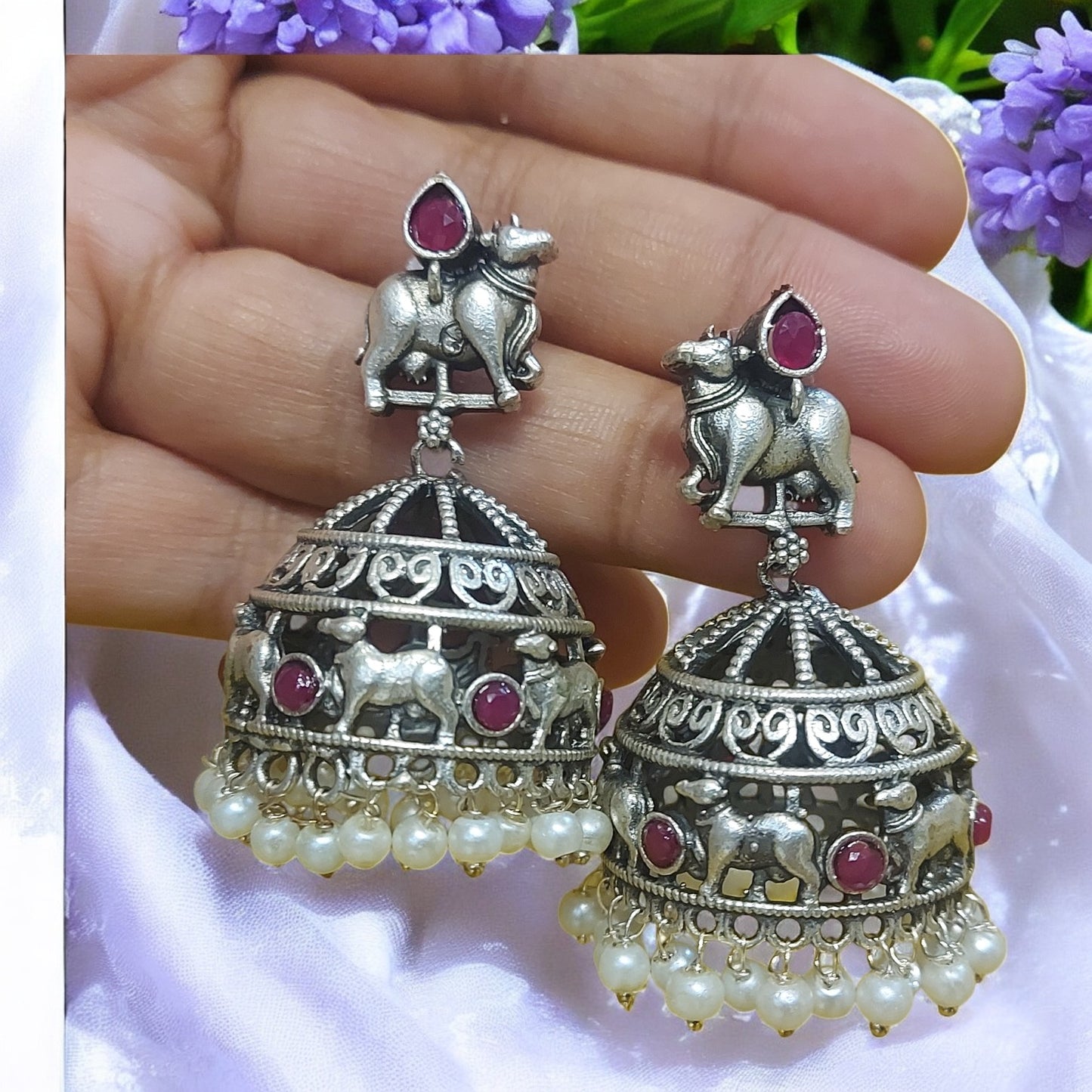 SILVER OXIDIZED RUBY SEMI-PRECIOUS NANDI JHUMKAS