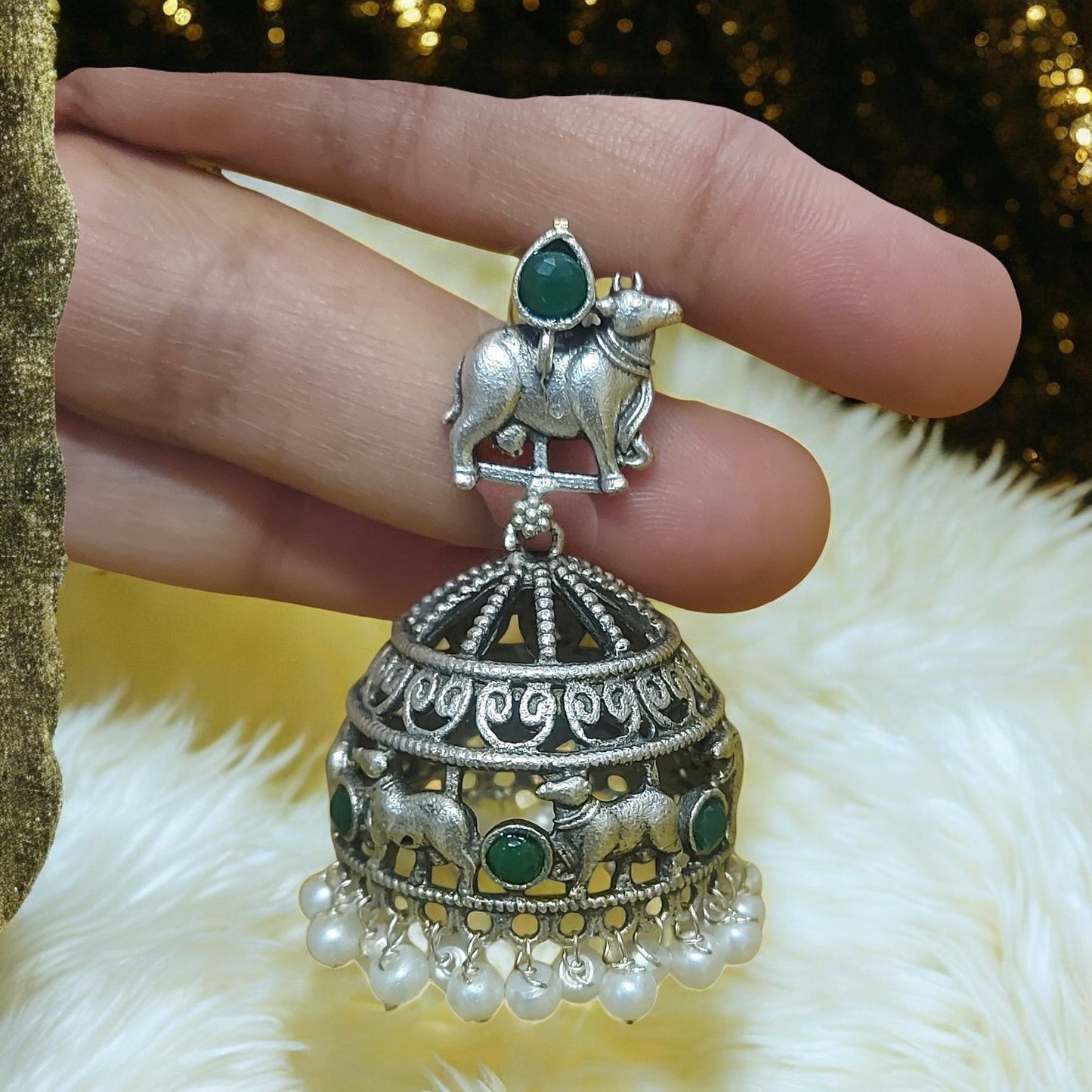 SILVER OXIDIZED GREEN SEMI-PRECIOUS NANDI JHUMKAS