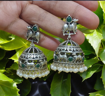 SILVER OXIDIZED GREEN SEMI-PRECIOUS NANDI JHUMKAS