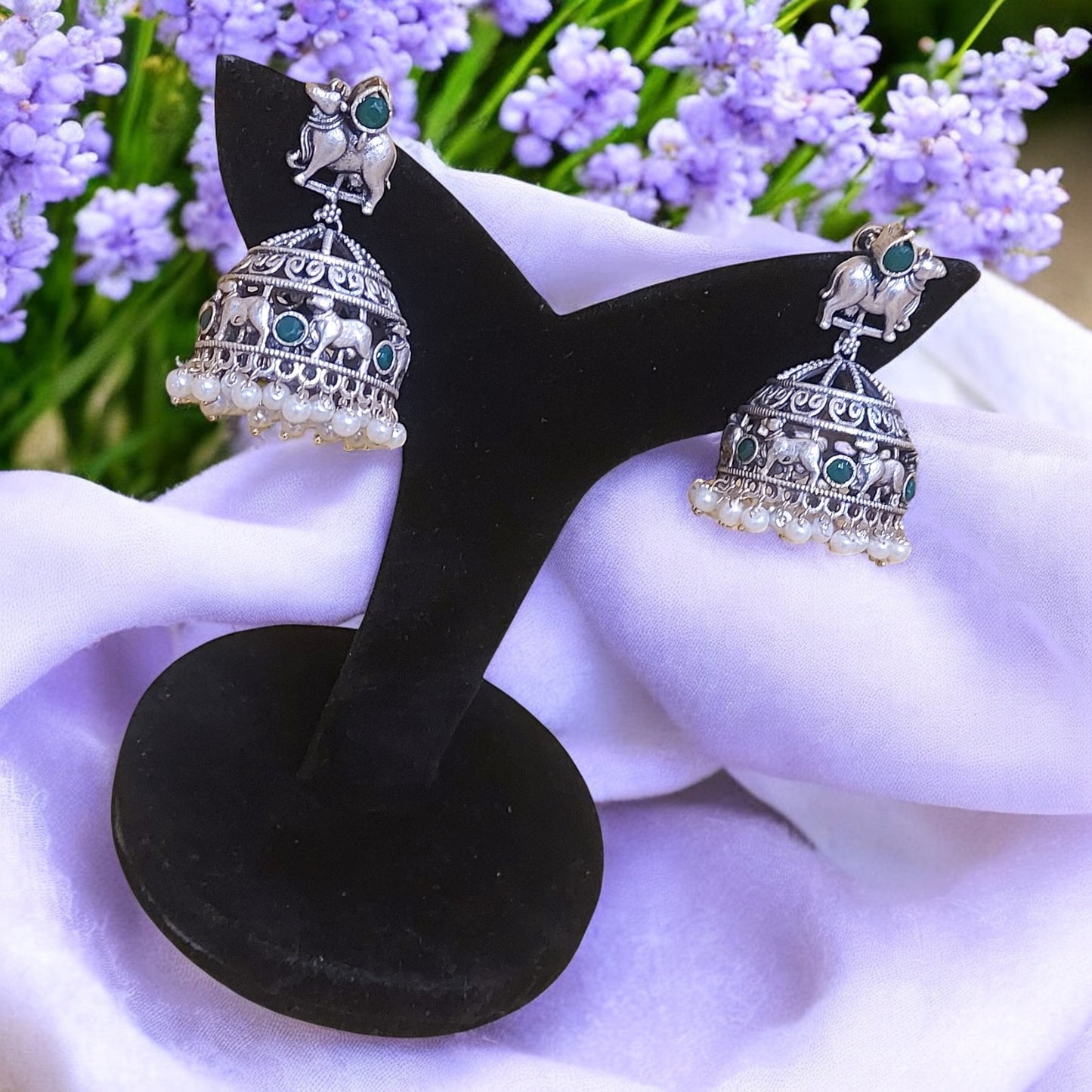 SILVER OXIDIZED GREEN SEMI-PRECIOUS NANDI JHUMKAS