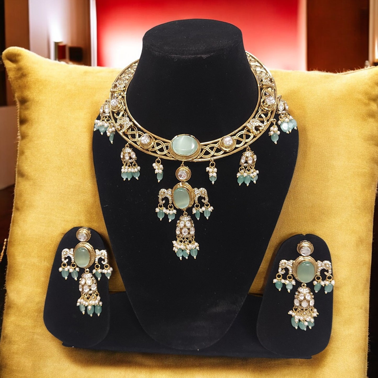 MINT GREEN MOISANITE LONG HASLI NECKLACE SET
