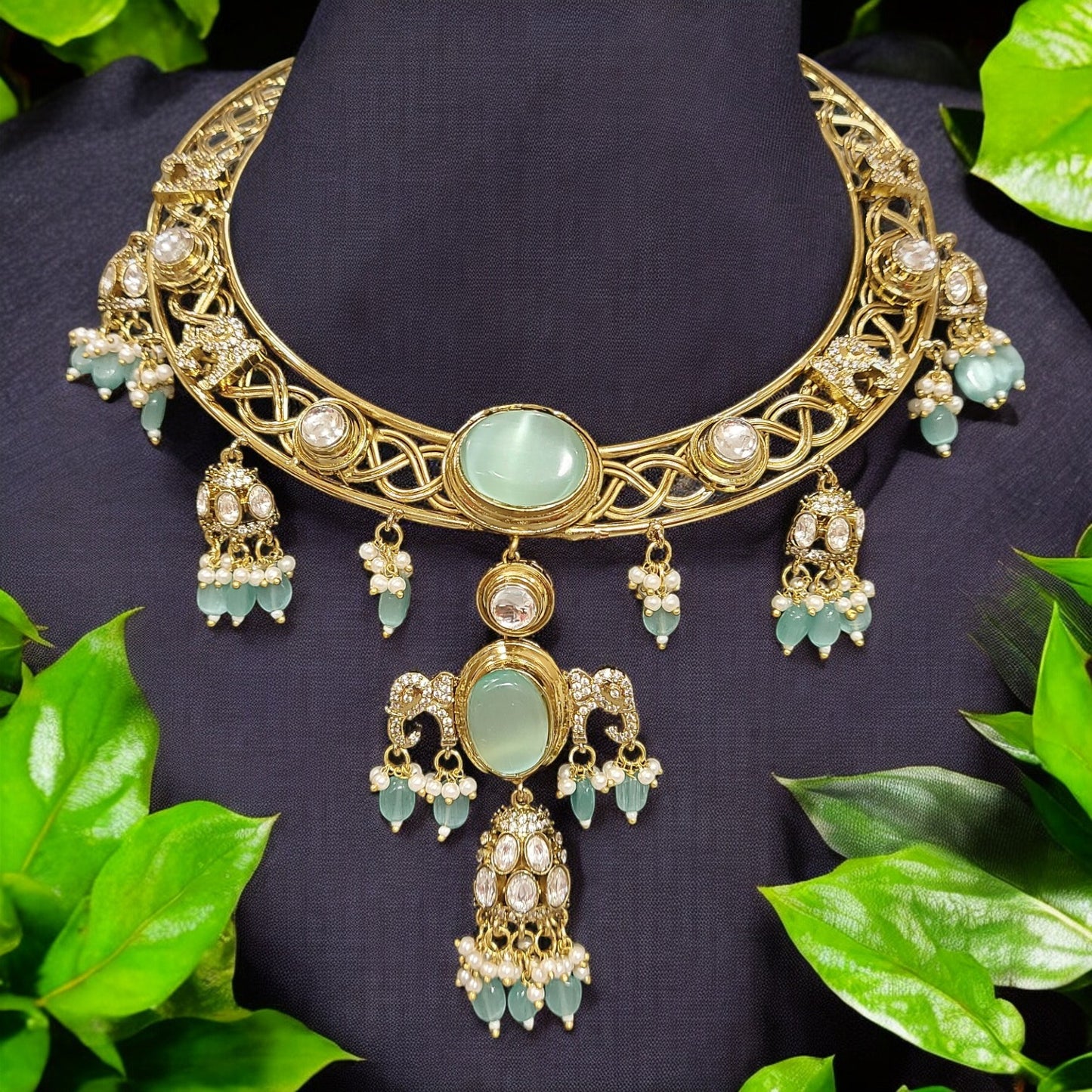 MINT GREEN MOISANITE LONG HASLI NECKLACE SET